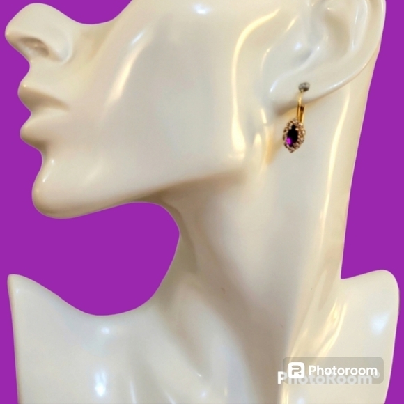 Vtg Magenta Marquis Crystal Colonial Bridal Leverback Hook Earrings - Picture 1 of 4